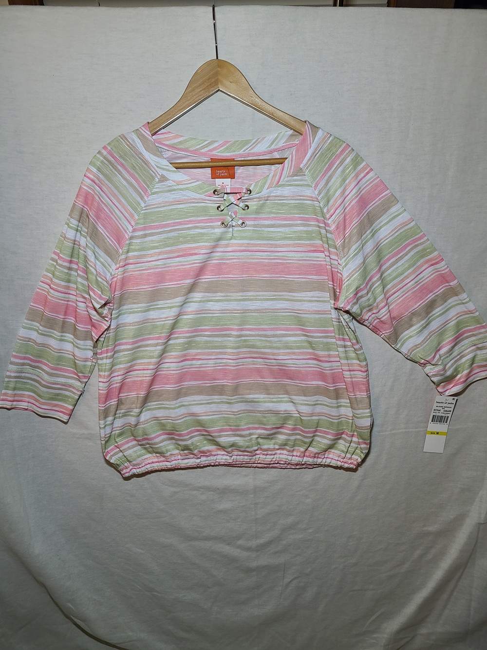 hearts of palmNWT Pink, Light Green & Cream Striped Lace-Up Shirt